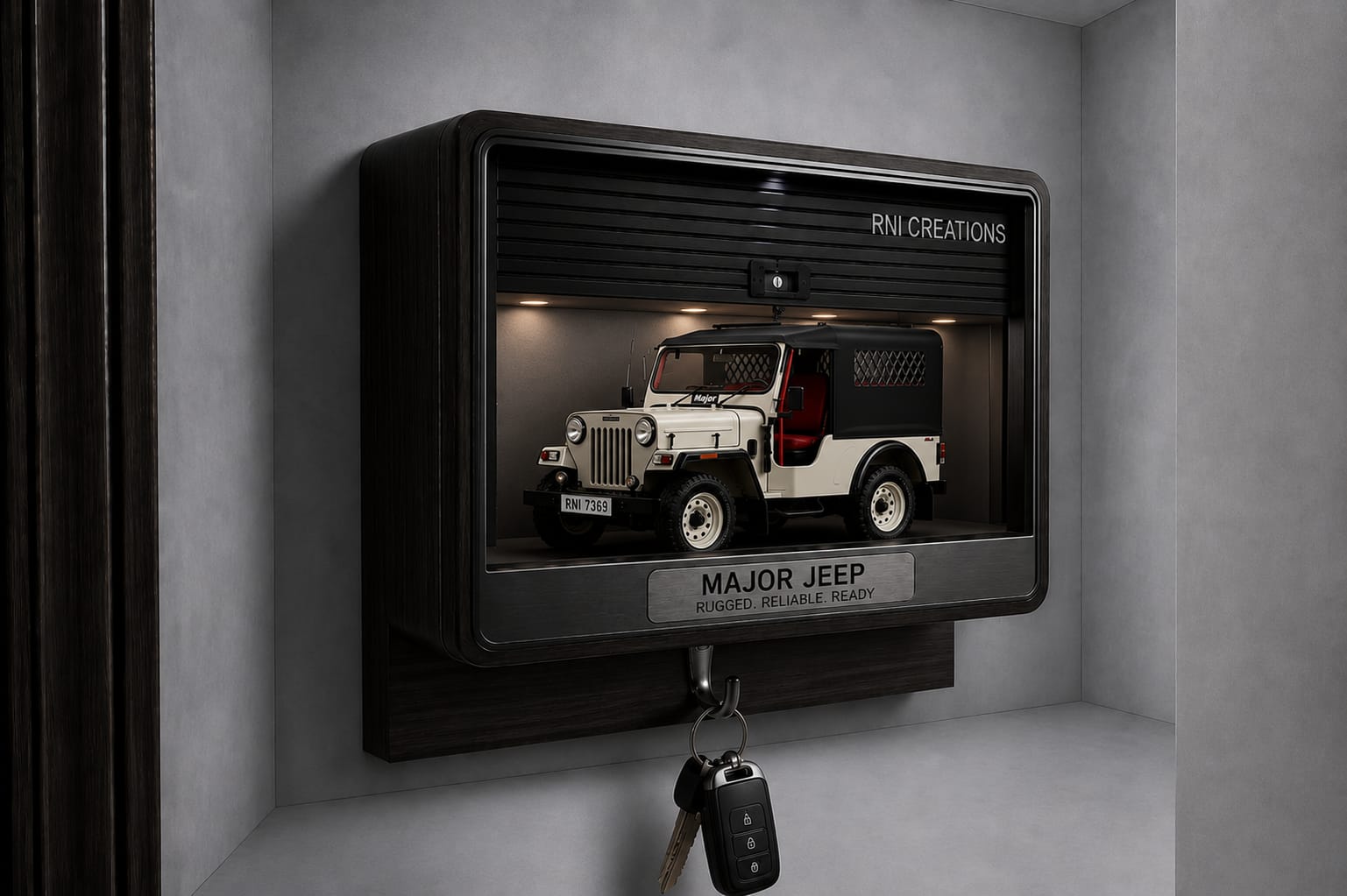 RNI Legacy Edition — wall-mounted smart key box with motorized shutter open, miniature jeep replica, and hanging keys